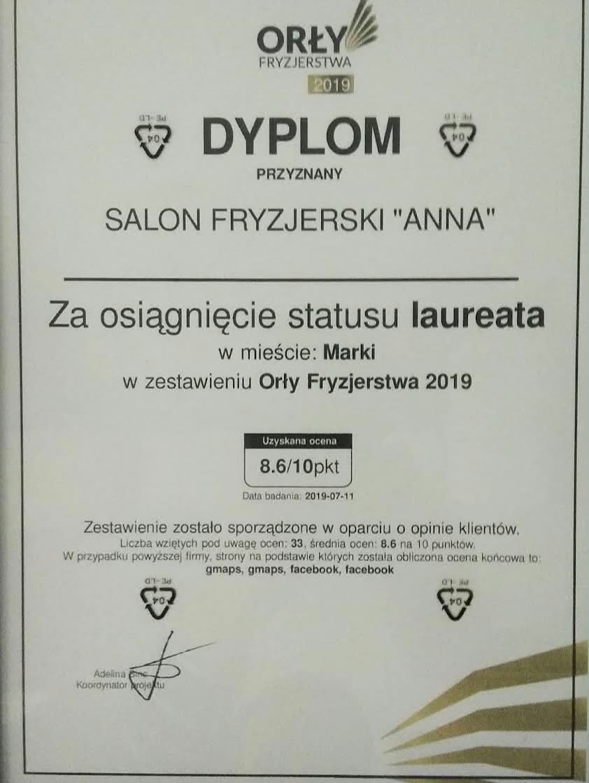 Dyplom Orły Fryzjerstwa 2019 dla Salonu Fryzjerskiego Anna w Markach